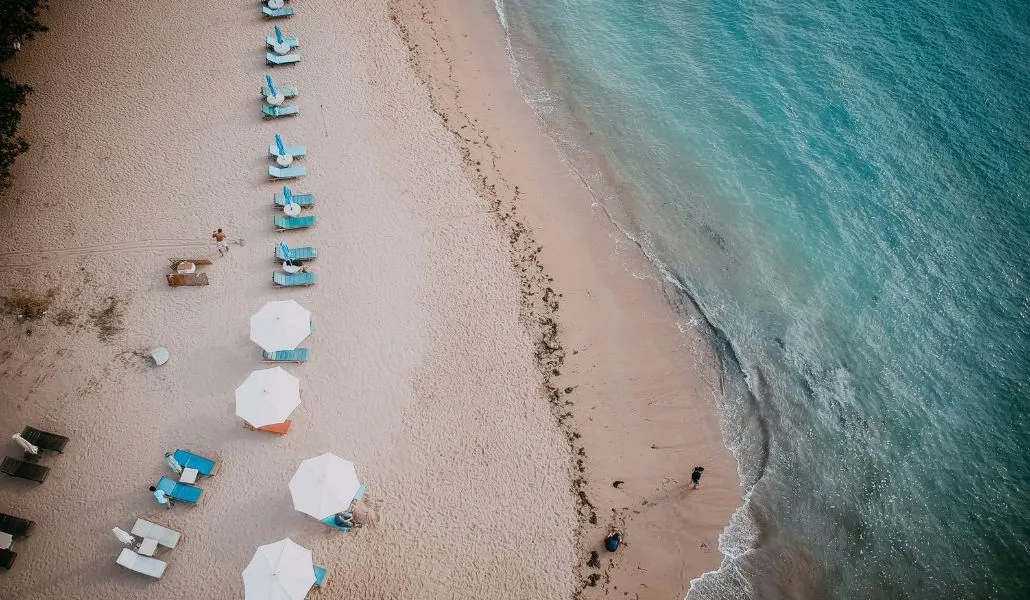 Aerial view of Sanur coastline and offshore reef breaks in Bali