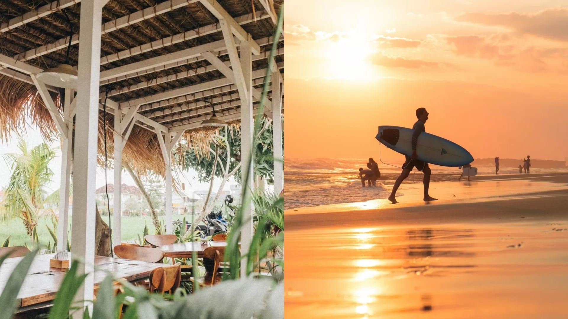 Seminyak vs Canggu lifestyle with trendy café and surfing at Bali beach sunset
